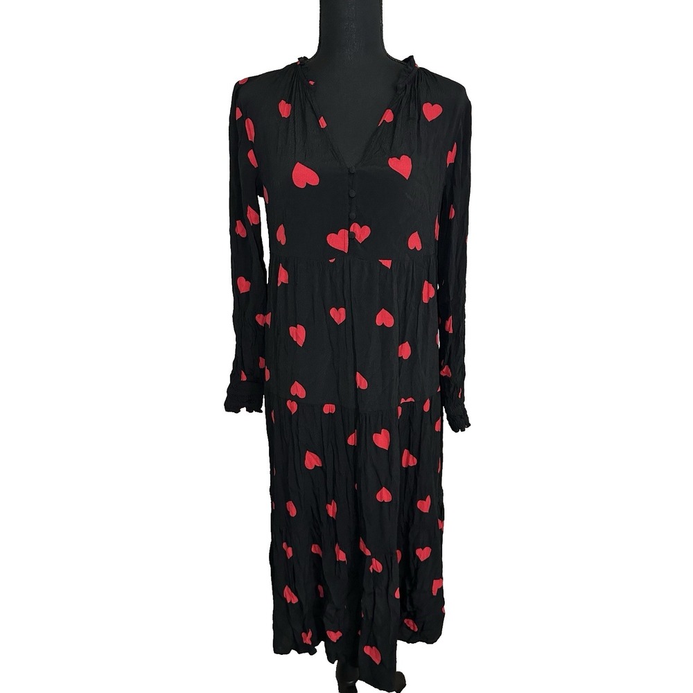 LOFT Women's XS Tiered Black Midi Dress Red Hearts‎ Swing Romantic Dress